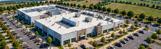 Illustrative aerial view of a commercial building and parking areas