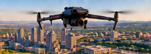 DJI Mavic 3E flying over a downtown metropolitan area